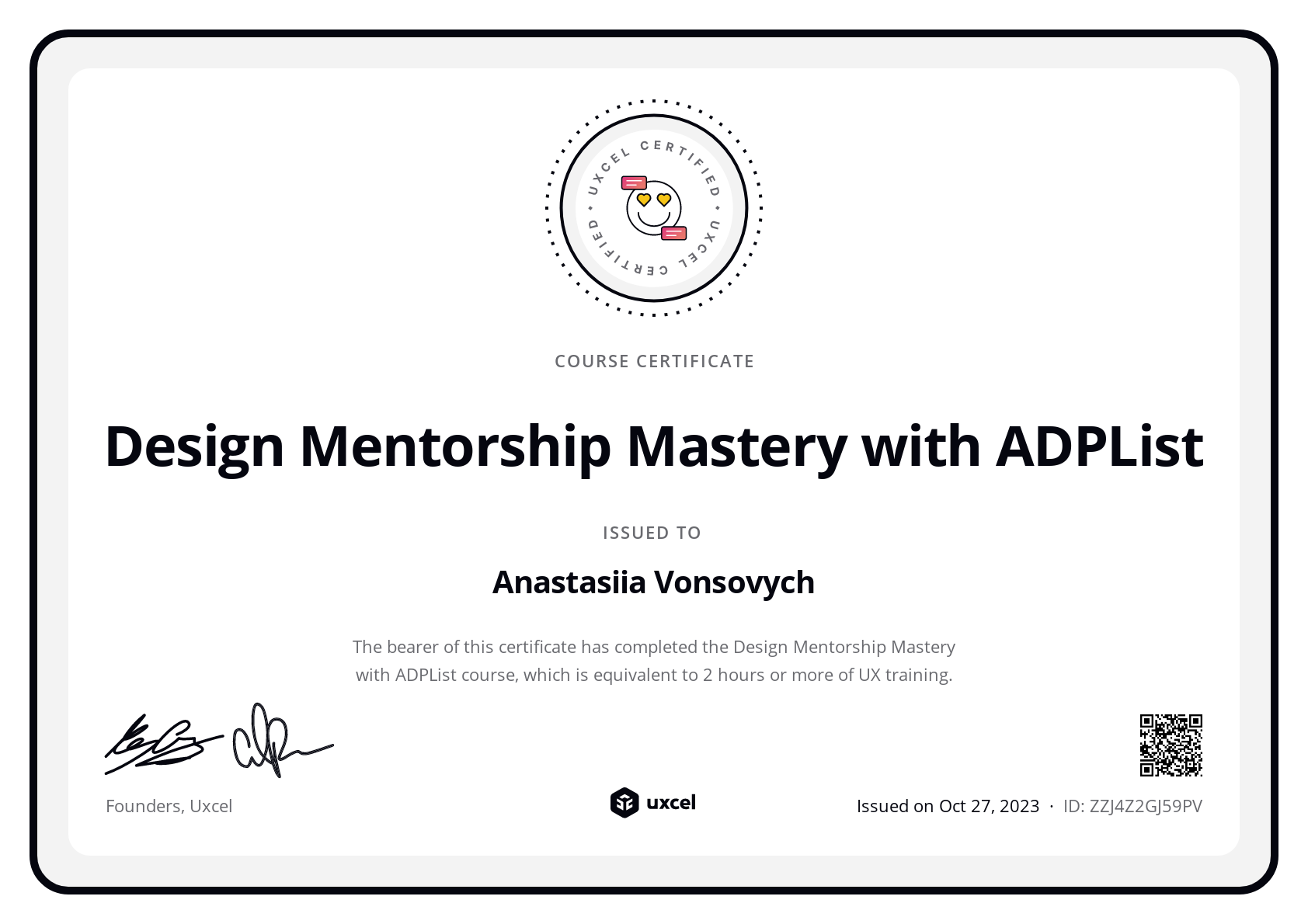 Anastasiia Vonsovych's certificate